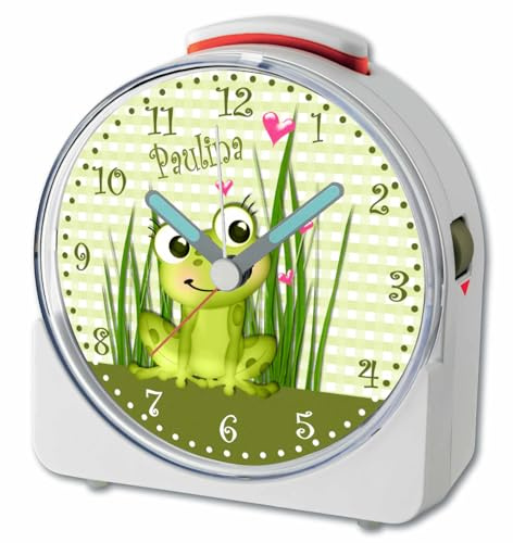 CreaDesign, WU-71-1061, Frosch, analog Kinderwecker weiß, Funkwecker mit Sweep-Uhrwerk und fluoreszierenden Zeiger und Licht, personlisiert mit Namen, 10,2 x 4,6 x 11 cm