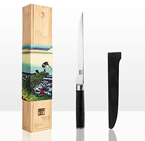 KOTAI Fischmesser| Seezungenfilet| Flexible 20-cm-Klinge| Ideal zum Filetieren von Fischen| Von Hand geschärft| Ultrascharfer 440C-Edelstahl| Pakkaholzgriff