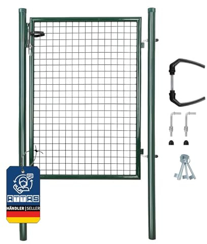 ATTAS Gartentor Metall | 125x100, grün, inkl. Schloss und 3 Schlüssel abschließbar| Zauntür, Gartentür für Doppelstabmattenzaun Tor, Zauntor Metall, Hoftor, Rund