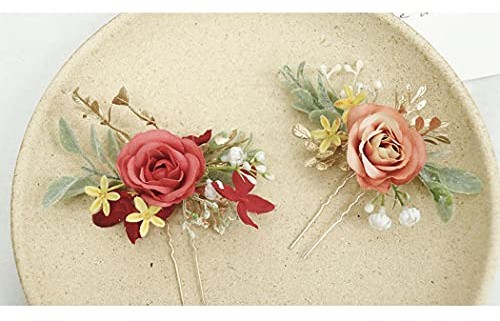 IYOU Blume Blätter Haarnadeln rot Hochzeit Kopfschmuck Braut Abschlussball Haarnadeln Haarschmuck für Damen(2 Stück)
