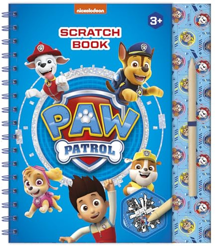 Totum Paw Patrol 720831 Scratch Book avec pochoirs, Autocollants à Paillettes et Stylo à gratter pour la Maison et Les déplacements