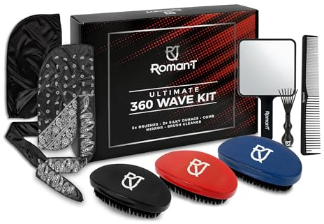 Roman-T 8-in-1 360 Wave Brush Kit - Grooming Kit for 360 Waves - 3 Wave Brushes, Soft, Medium & Hard - 2 Silky Satin Durag - Black & Black Paisley, Hand Mirror, Comb, Hair Brush Cleaner - Gift Set