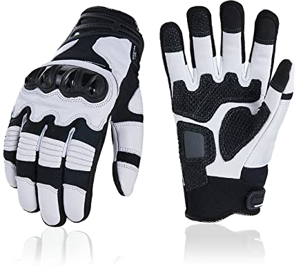 Vgo... Guanti da Moto Uomo Touchscreen, Guanti per Motocross Bici Motociclista in Pelle Caprina con Palmo Antiscivolo, GA5179HL (M, 1 paio, Bianco)