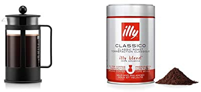 BODUM Kenya 3 Cup French Press Coffee Maker, Black, 0.35 l, 12 oz & illy Coffee, Classico Filter Coffee, Medium Roast, 100% Arabica Coffee Beans, 250g