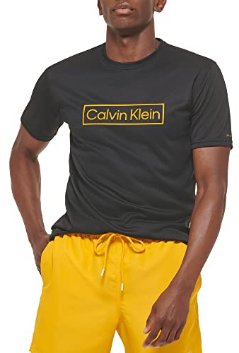 Calvin Klein Herren-Sport-Top, leicht, schnelltrocknend, kurzärmelig, LSF 40+, UV-Schutz, Schwarzes Logo, XL