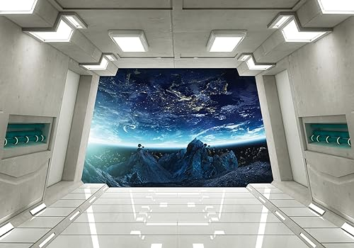 Wesmilewallpapaer Tapete Fototapete 3D Effekt Planet Raumschiff Korridor Sci Fi 430x300cm Seide Vliestapete Wandbilder Wanddeko Wohnzimmer Schlafzimmer