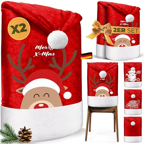 KESSER® Premium Weihnachtsstuhlüberzug 2er Set Stuhlhussen für Weihnachten Nikolausmütze Stuhlbezug Husse Weihnachtsdeko für Stühle Überzieher - Stuhlabdeckung im weihnachtlichen Design