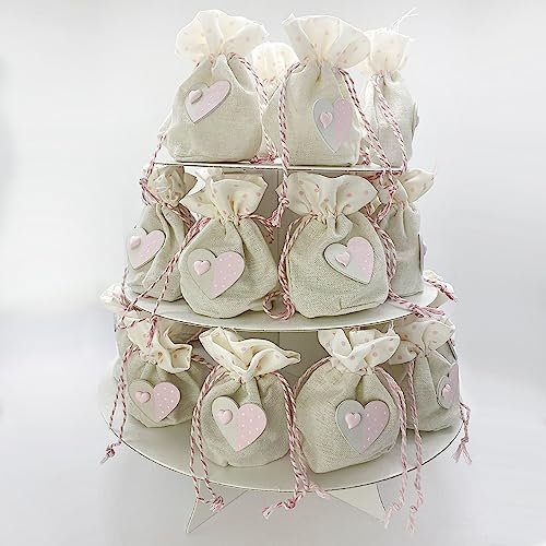 Doni Bomboniere Alzata in Cartone Bianco con sacchettini portaconfetti in Juta di Color Avorio con Cuore Rosa sovrapposto in Legno, per Eventi Bambina (18 Pezzi)
