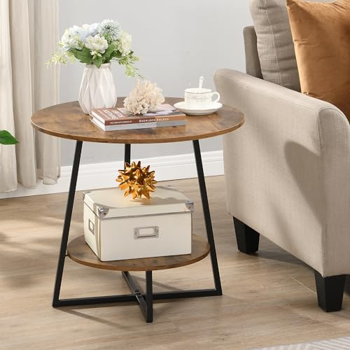 D&H FURNIMMT 20 Living Room Side Table for Small Spaces, 2 Tier Wood Top Round End Tables with Storage Shelf, Accent Sofa Table for Bedroom, Office, Sunroom, Balcony, Rustic Brown/Black