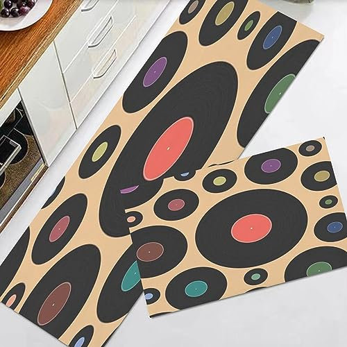 EKSED Küchenteppiche 2 Stück, Rutschfestes Küchenmatten,Bunte Musik Dj Vinyl Retro Disk Vintage Phonograph Pattern,Wasser aufnehmen KüchenMatt Fußmatte Teppich Set, Fußmatte für Drinnen,40x60+40x120cm