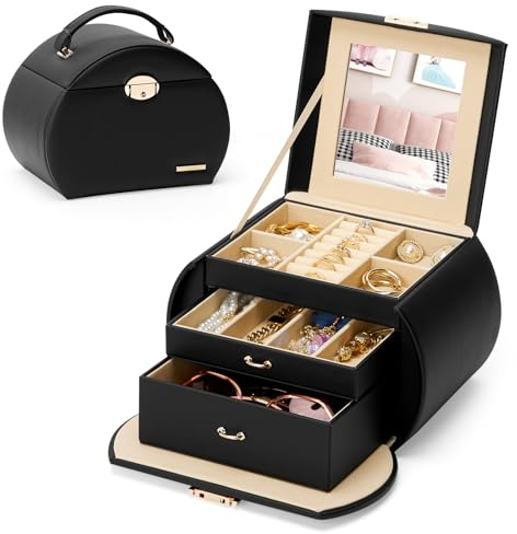 Seelux Schmuckkästchen mit 3 Ebenen, abschließbar mit Spiegel, Seelux Serie Schmuckkasten für Halsketten, Armbanduhren, Ringe, Armbänder, Ohrringe (Schwarz + Gold)