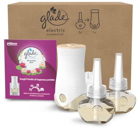 Glade Liquido Elettrico Profumatore per Ambienti con Olii Essenziali, Fragranza Relaxing Zen, Fino a 120 Giorni di Profumo, 1 Diffusore e 3 Ricariche