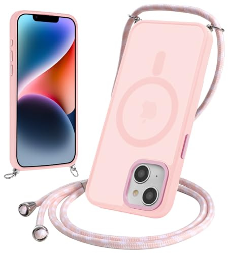 Yoedge Magnetica Cover per iPhone 14/iPhone 13 6,1 con Cordino, Compatibile con MagSafe, Custodia Traslucida Opaca Hard PC Sottile TPU Antiurto Protettiva Case con Tracolla Laccio Corda Collana, Rosa