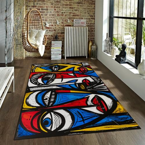 Abstrakter Bereich Teppich Ethno Mode Farben Wohnung Teppich Vintage Blaues Gesicht Weicher Rutschfester niederfloriger Teppichboden für Wohnzimmer dekorieren 180x305cm