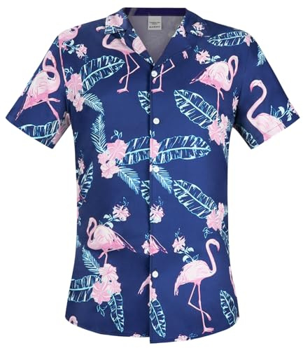 Aomig Camisa Hawaiana para Hombre, Funky Conjunto Manga Corta Camisas Hawaianas, Hawaii Estampado de Flamencos Shirt, Camisa Estampada con Botones Vacaciones, Azul-L