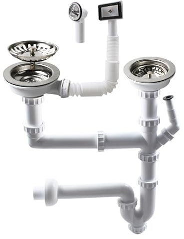 TALEA Double Sink Siphon,Kitchen Sink Traps U Bend,Drainage Waste Kit Fittings,Plumbing Traps,Basket Strainer with Overflow-U,Z7052C005