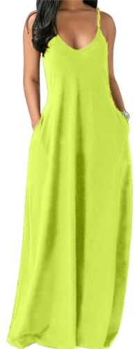 MAINPICK Vestido largo de verano para mujer, con tirantes delgados, con bolsillos, talla grande, holgado, liso, vestido largo de verano, Verde brillante, S