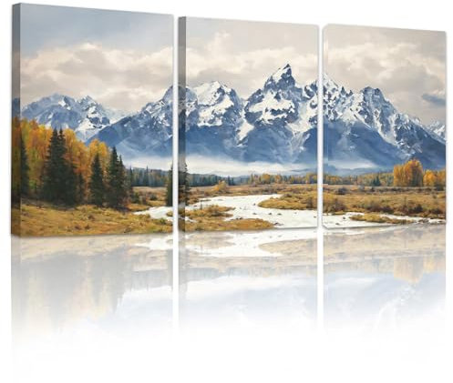 MHARTK66 Impression sur Toile Montagne de Neige Bleue, Tableau Decoration Murale Salon Pelouse Dorée, Cadre Decoration Murale Paysage de Rivière, Moderne Décoration Maison Chambre Bureau