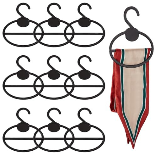 AHANDMAKER 10Pcs Black Plastic Scarf Hangers, Oval Scarf Organizer Hanger, Circle Tie Scarf Ring Holder, Space Saving Hanging Scarf Hanger for Closet Shop Scarves Headscarves Ties Belts Towels, 5.5x6