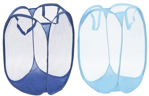 FUIPVGI 2 Stück Pop Up Wäschekörbe, Faltbarer Wäschekorb mit Griff, Wäschekorb Klappbar aus Mesh Tragbar Schmutzwäschesack Wäschetonne für Kinderzimmer Studentenwohnheim (Blau, Marineblau)