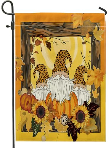 Drapeau de jardin imprimé nain d'automne, citrouille, tournesol, léopard, orange, hipster, décoration de Thanksgiving, bannière de cour de récolte d'automne, drapeau de pelouse d'extérieur double face