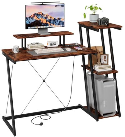 Dripex Gaming Tisch, Schreibtisch mit Regal, Computertisch mit USB-Ladeanschluss&Steckdose, Abnehmbarer Monitorhalterung, PC Tisch für Home Office, Büro, mit reversiblem Regal, braun, 120cm