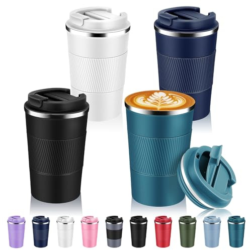 Volhoply Resekaffemugg, rostfritt stål, isolerad, flip-lock, återanvändbar, dubbelvägg, vakuum, kaffekopp, bärbar, läckagesäker, tumlare, varm och kall dryck, 385 ml (13 uns), blandade färger, 4-pack