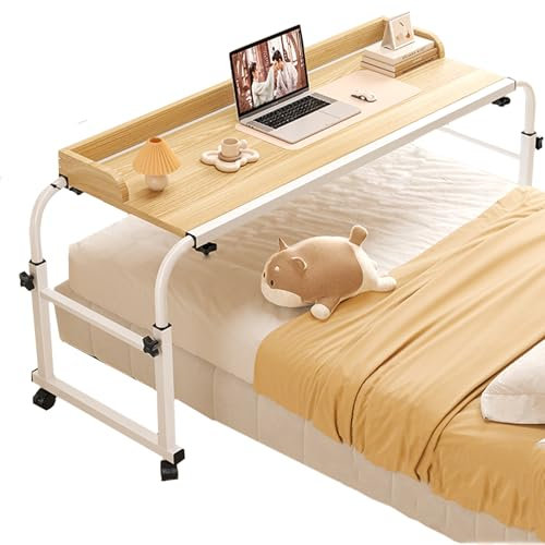 Verstellbarer Betttisch mit Rollen, Rolltablett für Laptop, Computer, Arbeitsplatz, Überbettstuhl, Trolley, Aufbewahrung mit Schallwand, Ahornholzfarbe (Größe: 140 x 45 cm)
