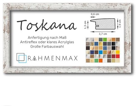 RahmenMax® Toskana Bilderrahmen Bildmaß 40x100 cm zum Aufhängen/Maßanfertigung möglich/MDF Posterrahmen in Weiß Vintage mit Acrylglas klar/Puzzle Rahmen