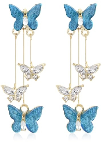 Boucles d'Oreilles Papillon en Cristal Bleu à Pampilles, Bijoux à Breloques Pendantes pour Concert, Costume, Mariage, Noël, Cadeau