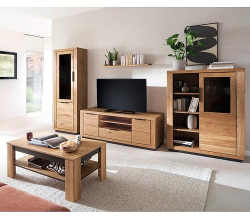 Lomadox Wohnwand Wohnmöbel Set Eiche teilmassiv 5-teilig, 1 Vitrine, 1 Wandboard, 1 Lowboard, 1 Highboard, 1 Couchtisch