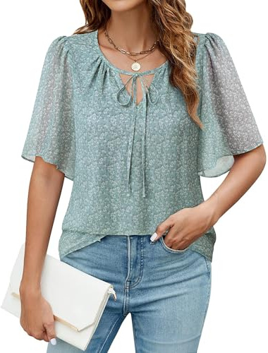 Vafoly Damen Bluse Sommer Kurzarm: Chiffon Bluse Damen V-Ausschnitt Tunika Floral Tunika Top Elegant Festlich Damen Sommer Boho Casual Leicht Neue 2025 Doppellagige Flowy Blau Blumen XXL