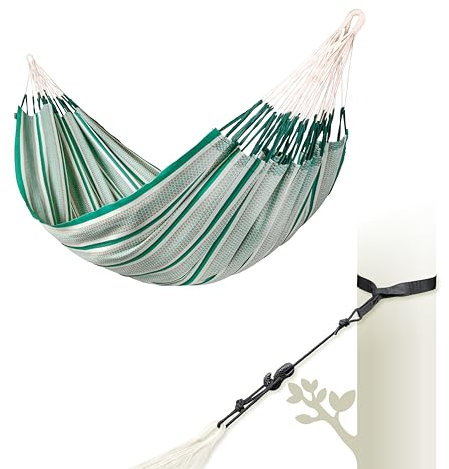 LA SIESTA® Modesta Bio-Baumwoll Hängematte & Baum- & Pfosten-Befestigung, Gurten für Baumen Balken Pfosten - Indoor Outdoor Hängematte für Garten Balkon - Hängematte für 2 Personen - Kingsize, Agave