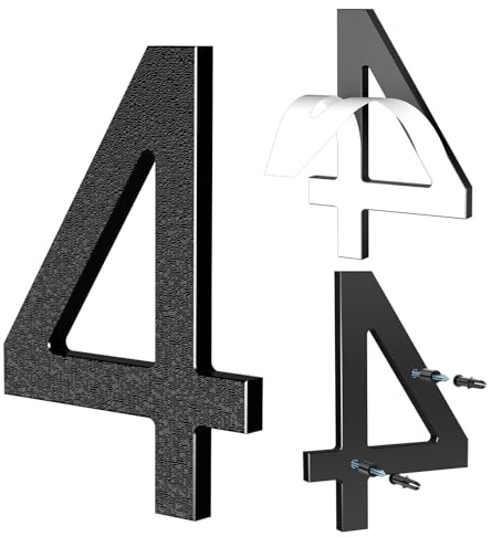 Yafimea Numero civico esterno 15 cm nero, Numeri civici adesivi o a vite, effetto galleggiante 3D, plastica resistente per parete o cancello (4)