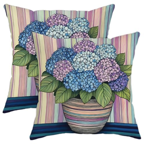 Set di 2 federe per cuscini con ortensie, motivo floreale blu, viola, quadrate, decorative, per divano, letto, 45,7 x 45,7 cm