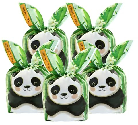 50 st panda godispåsar, kaninöron tecknad panda och bambu party gynnsamma godispåsar plast godis mellanmål present presentpåse med kaninöron slipsar för barn påsk baby shower jul födelsedagsfest