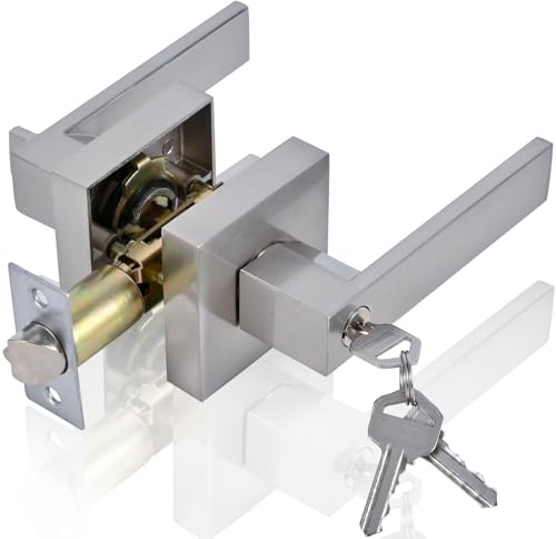 YELANGU Silver Heavy-Duty Door Handle Lock Set with 3 Keys, 1 Pack | Stainless steel build, adjustable 60-70mm latch, fits 35-50mm panels, screwdriver fitting for bedroom and bathroom