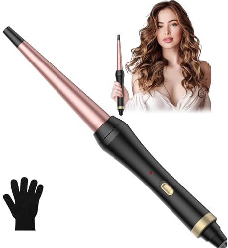 Boucleur a Cheveux Fer à Friser Conique Céramique Pour Cheveux Conical Wand pour des Boucles Naturelles, Diamètre de13-25 mm, Température Maximale de 220℃, Double Tension de 100-240V, Or-rose/Noir