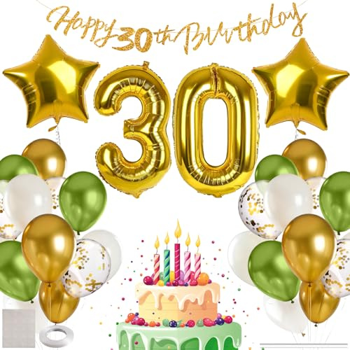 MIEWAA Deko 30. Geburtstag Männer, 30er Geburtstag Luftballon Frauen, Geburtstagsdeko 30 Jahr mit 30th Happy Birthday Banner, Groß Zahl 30 und Stern Folienballon, Latex Konfetti Ballon Grün-Gold-Weiß