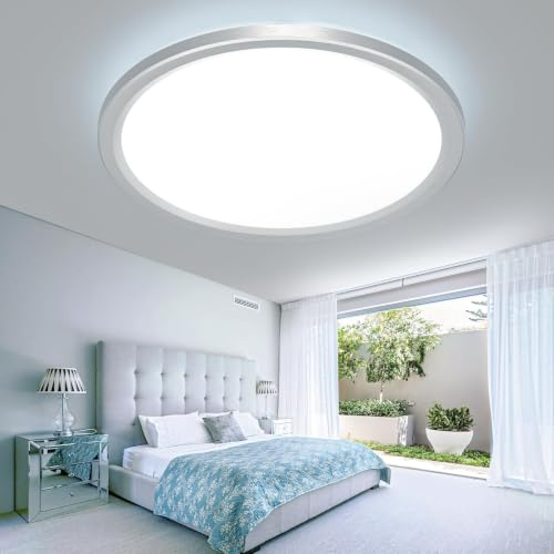 slochi LED Deckenleuchte 23CM 18W, 3 Farben Deckenlampe 3000K/4000K/6500K | Flach Rund Kleine Badezimmer Lampe Wasserfest, Nickel Badlampe Decke für Küche Flur Schlafzimmer