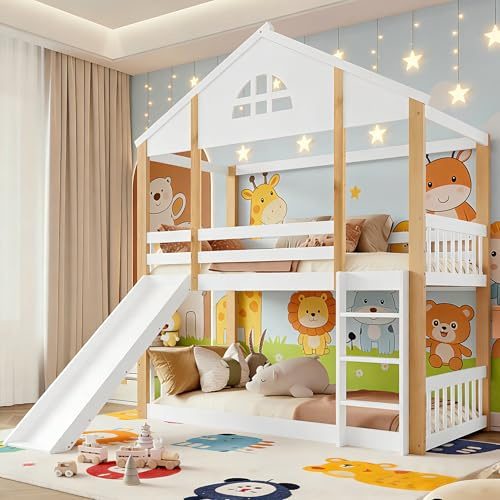 Soweiz Litera Infantil con Tobogán y Escalera, Cama Alta Diseño Casa de Madera, Barandillas de Seguridad, para Niños y Niñas, 90x200 cm