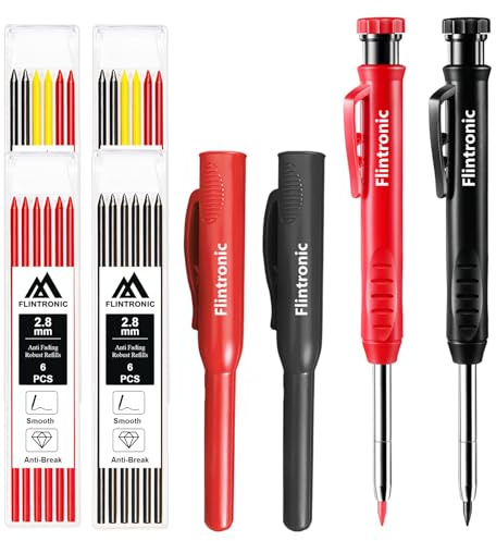 flintronic 8 Pezzi Matita Professionale per Falegname, Matita da Carpentiere, con Temperamatite Incorporato e 24 Ricariche, Matite per Fori Profondi, per Cantiere, la Lavorazione del Legno