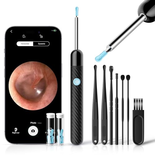 Ear Wax Removal - Earwax Remover Tool with 7 Pcs Ear Set - Ear Cleaner 1080P HD Ear Scope - Camera with 6 Led Lights - Ear Cleaning Kit with 11 Ear Spoon - Ear Camera for iOS & Android（Glossy Black）