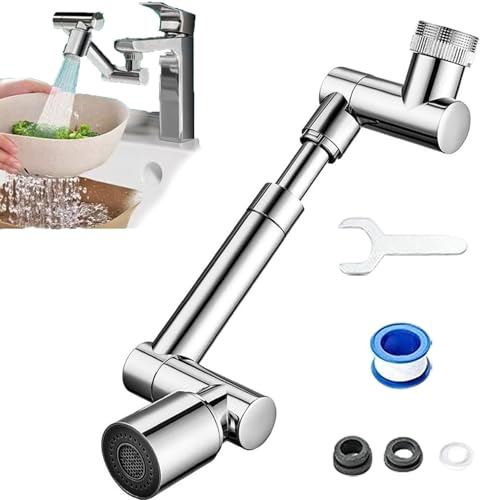 Wasserhahn Aufsatz Verlängerung Drehbarer 1440°, Wassersparendem Strahlregler für Küche Badezimmer, Rotierender Wasserhahn Schwenkbarer, Roboterarm, Universal-Modell, Dual-Modus, Abfluss (Silber)