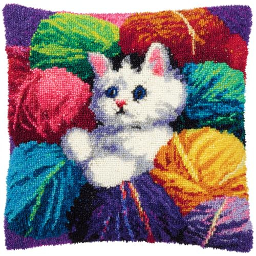 AxiangziK Nadelspitzen-Kissen-Set,Katze im Wollknäuel,Knüpfkissen-Set,DIY-Kissenbezug,Basteln,bedruckte Leinwand für Anfänger,Stickerei,Bastelkissen,17x17in