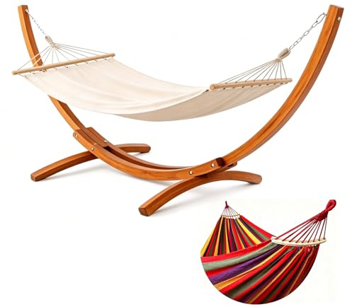 BELONID Amaca Doppia con Supporto in Legno, Portata 200 kg (Rosso)