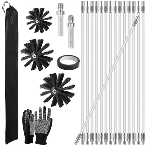 23Pcs Chimney Sweep Brush Kit with 15 Flexible Nylon Rods & 3 Brush Heads, Pipeline Flue Sweeping Tool Pipecleaner, Pipe Cleaners Tools Duct Dryer Vent Cleaner Set for Fireplace Sewage Pipes Fume Hood