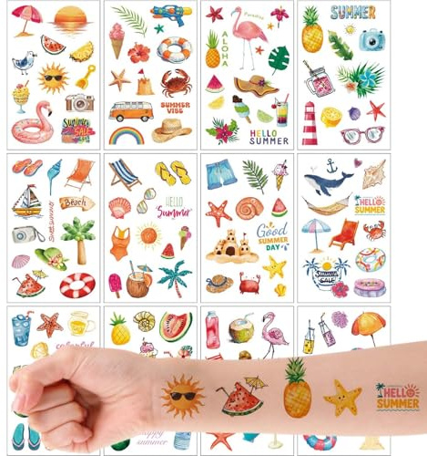 Qpout 12 Blätter Sommer-Temporäre Tattoos, Wasserfeste Tropische Vogel- & Frucht-Tattoo-Sticker, Rosa Vogel Ananas Wassermelone Hawaii Fake Tattoos für Strandurlaub Poolparty Deko Favors