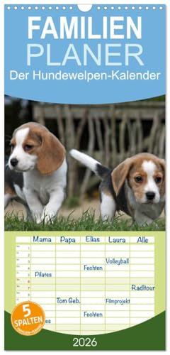 Familienplaner 2026 - Der Hundewelpen-Geburtstagskalender mit 5 Spalten (Wandkalender, 21 cm x 45 cm), CALVENDO: Immerwährender Geburtagskalender mit niedlichen Hundekindern (CALVENDO Tiere)