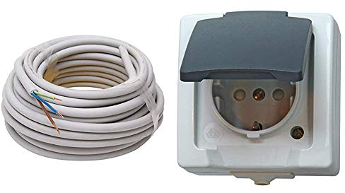 Kopp 150810841 NYM-J 3 x 1,5 mm² Feuchtraum-Kabel, 10 m-Ring & 107856005 Nautic Steckdose für Feuchtraum, 250 V, grau